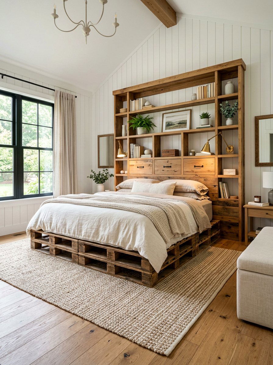 Headboard storage pallet bed - 25 Pallet bed ideas with built-in storage