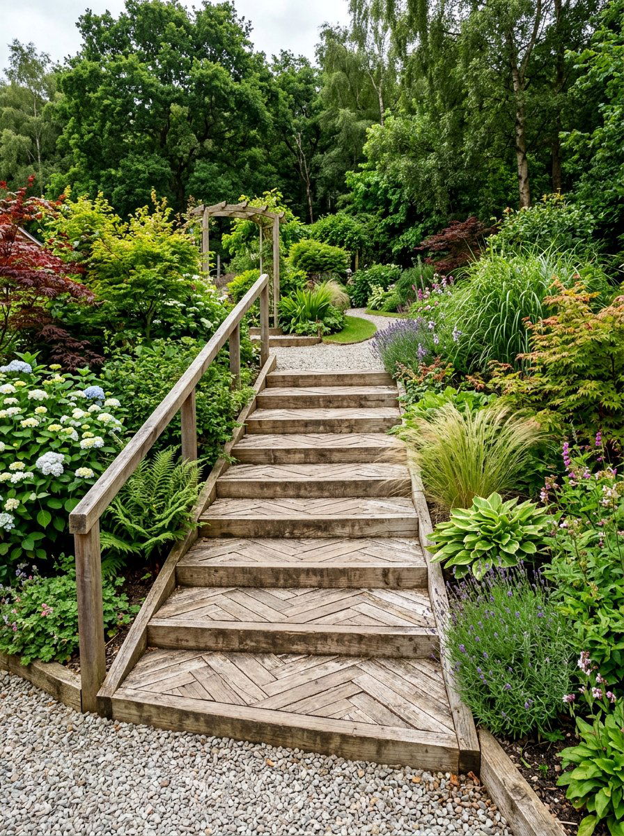 Herringbone Pattern Pallet Stairs - 25 Pallet Staircase for Garden Ideas