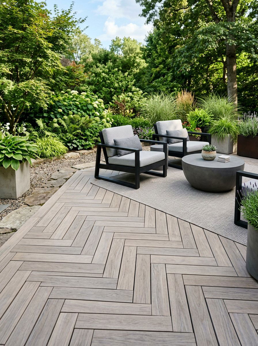 Herringbone Wood Patio Floor - 25 Pallet Patio Flooring Ideas