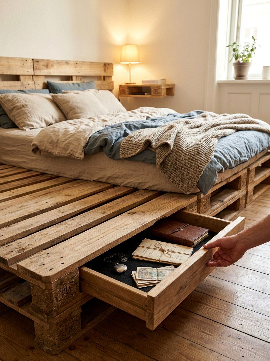 Hidden Pallet Bed Drawer - 25 Pallet bed ideas with hidden storage