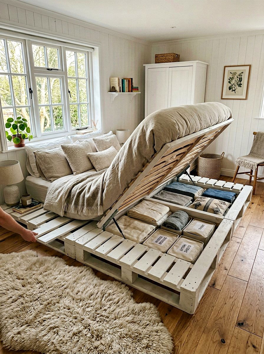 Hinged Mattress Slat Storage - 25 Pallet bed ideas with hidden storage