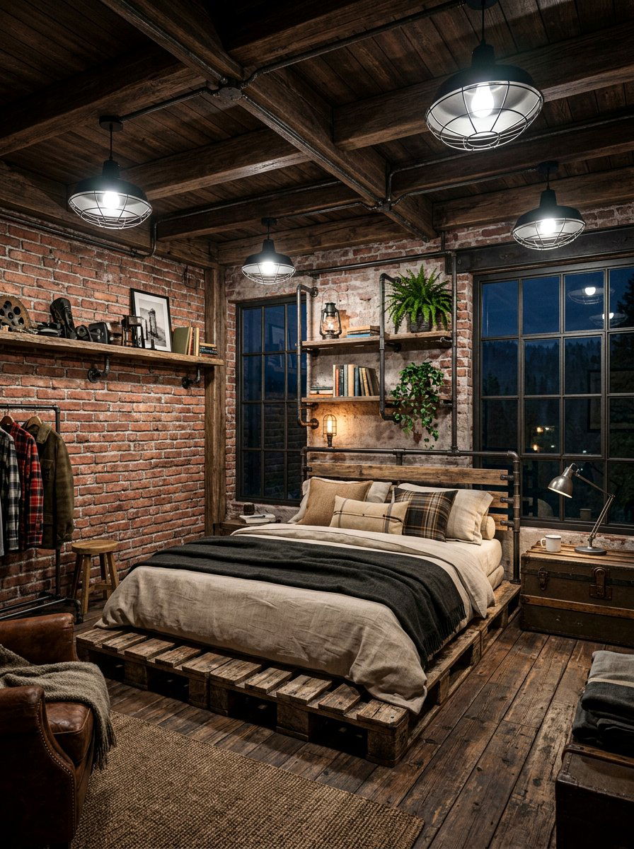 Industrial Cabin Bedroom - 25 Pallet bed ideas for cabin