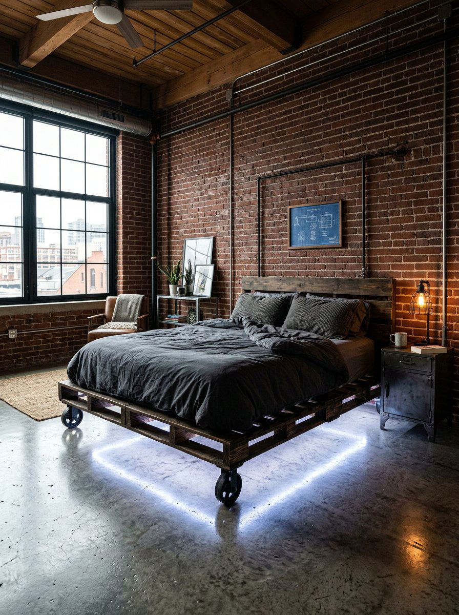 Industrial Pallet Bed - 25 Pallet bed ideas with lights underneath