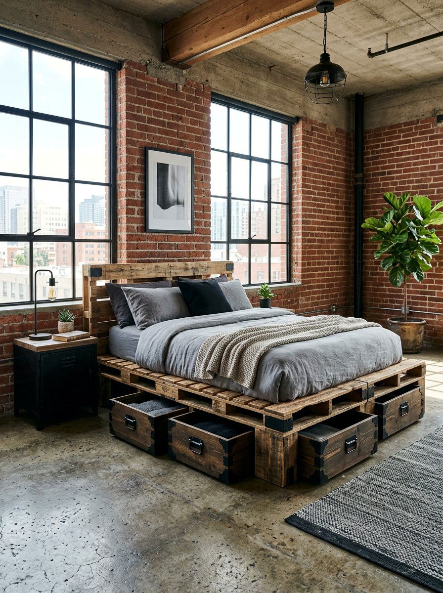 Industrial Pallet Bed Crates - 25 Pallet bed ideas with crate storage
