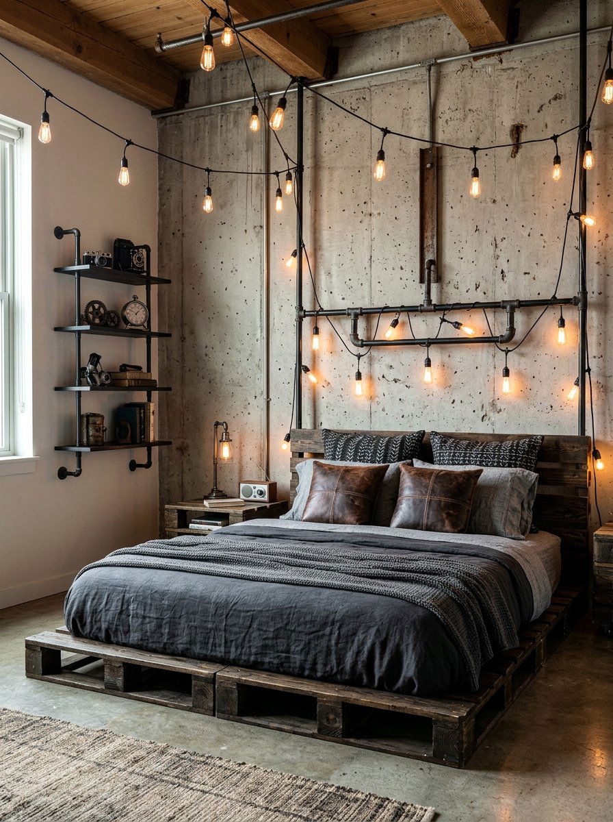 Industrial Pallet Bed Lighting Design - 25 Pallet bed ideas with fairy lights