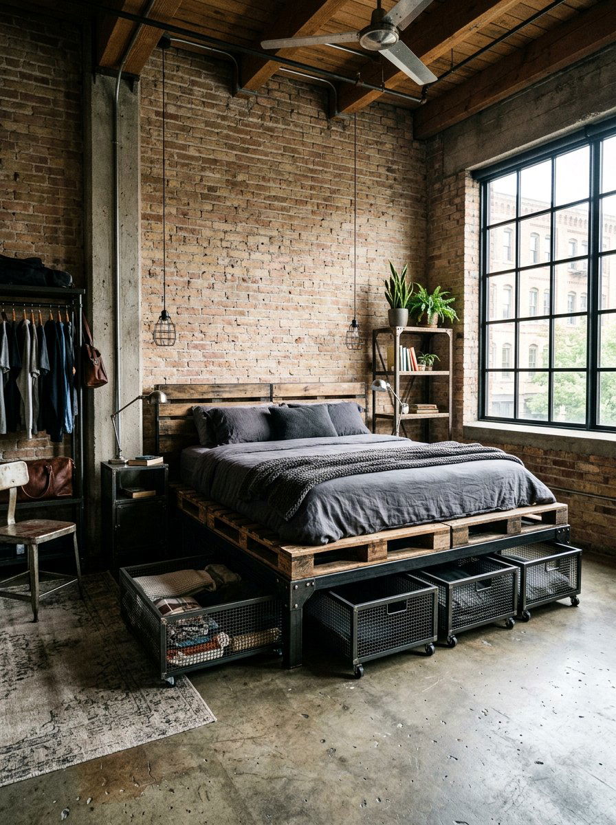 Industrial Pallet Bed Metal Baskets - 25 Pallet bed ideas with storage underneath