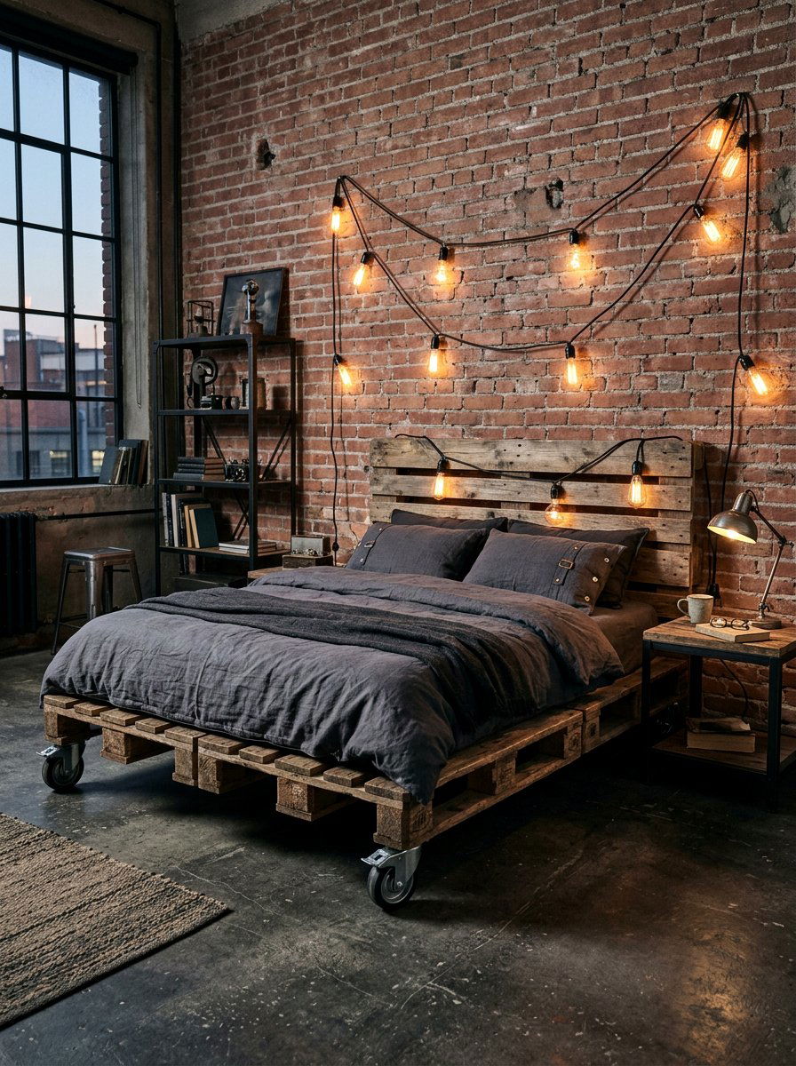 Industrial Pallet Bed String Lights - 25 Pallet bed ideas with string lights