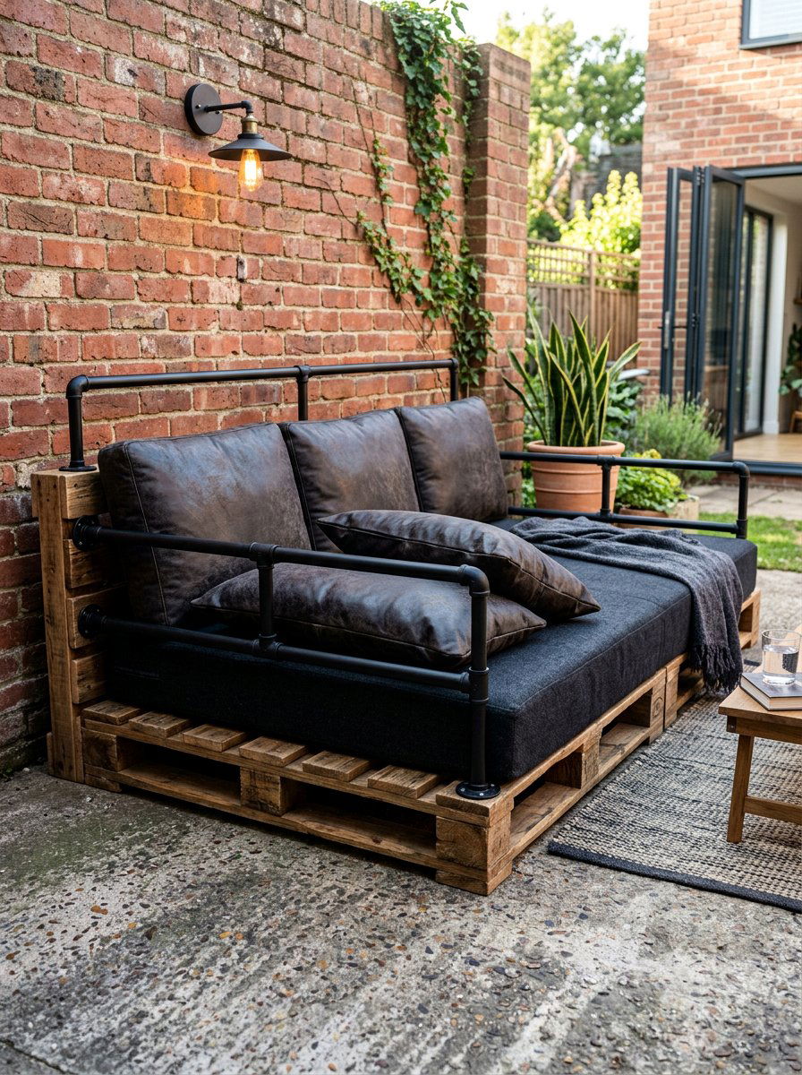 Industrial Pallet Bed With Pipe Rails - 25 Pallet Daybed for Patio Ideas
