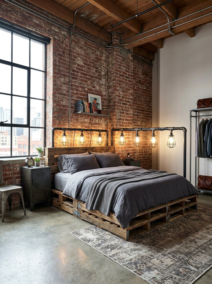 Industrial pallet bed lighting - 25 Lighted pallet bed frame ideas