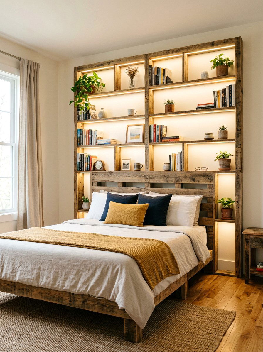 Integrated Headboard Shelving - 25 Pallet bed ideas with lights