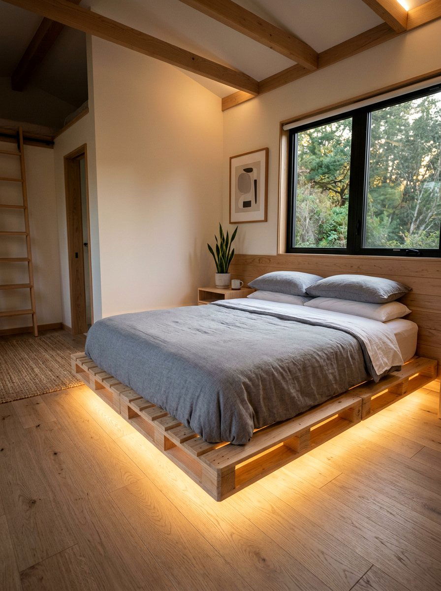 Integrated Light Pallet Frame - 25 Pallet bed ideas for tiny house