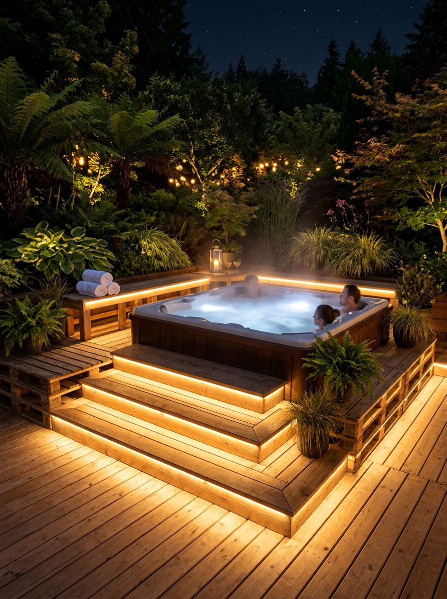 Integrated Pallet Lighting - 25 Pallet Hot Tub Surround Ideas