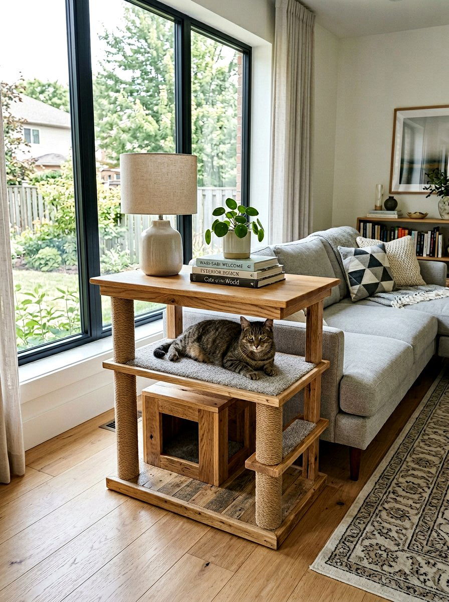 Integrated cat tree side table - 25 pallet cat tree ideas
