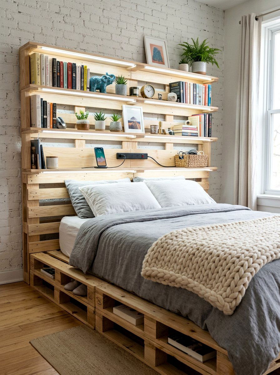 Integrated shelf pallet bed - 25 Pallet bed ideas with LED lights