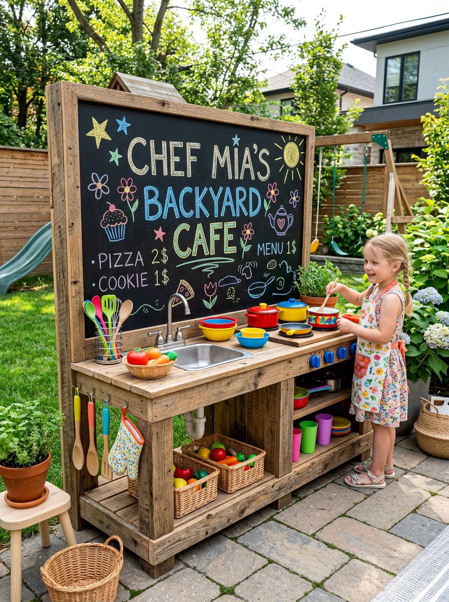 Kids Kitchen With Chalkboard Backsplash - 25 Pallet Outdoor Play Kitchen Ideas