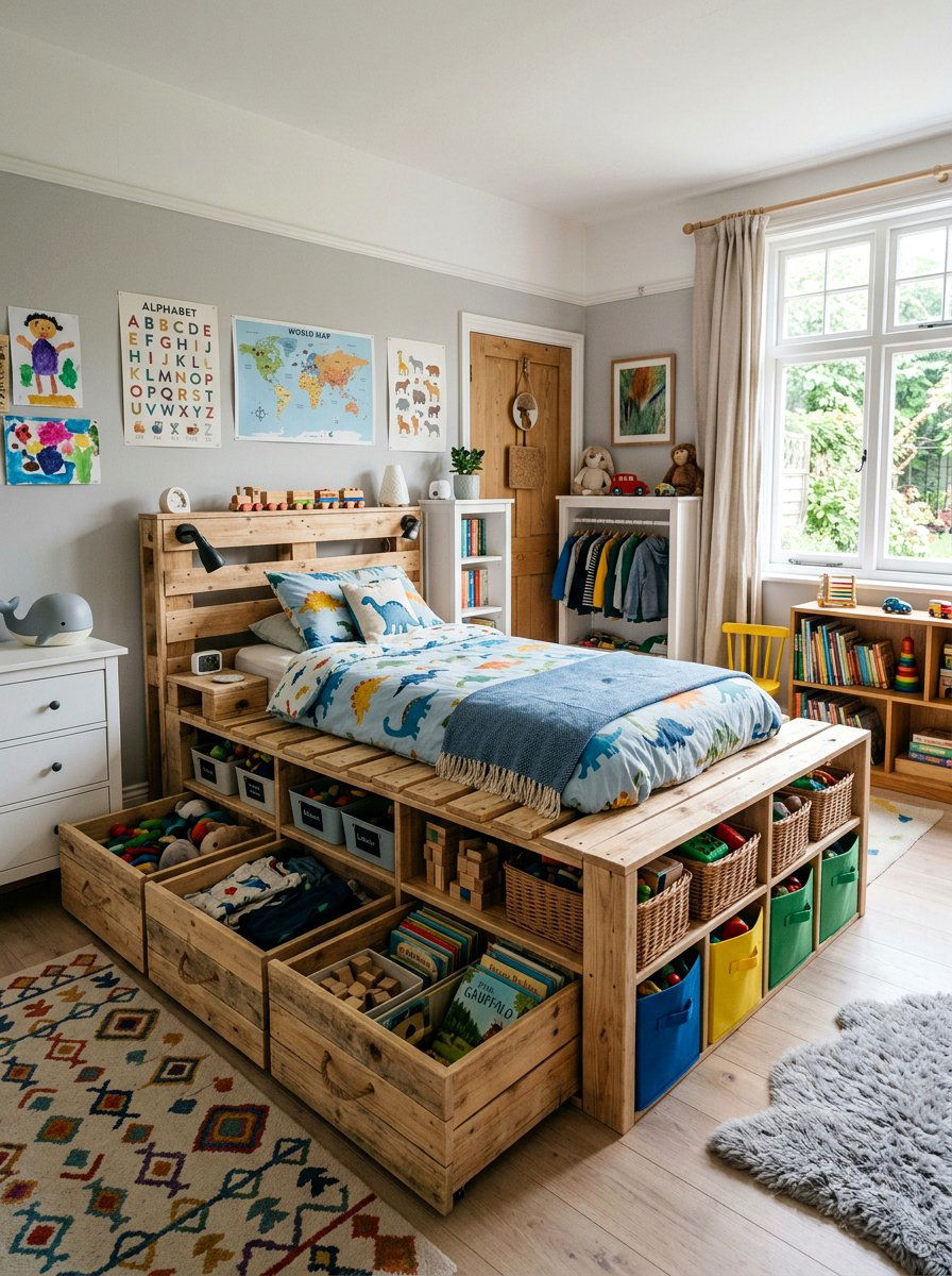 Kids bed with pallet storage - 25 Pallet Bed ideas for Kids