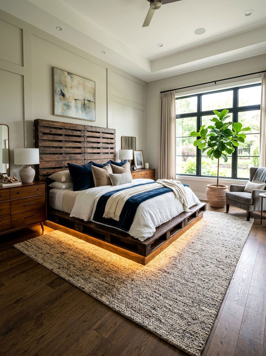 King Pallet Bed - 25 Pallet bed ideas with lights underneath