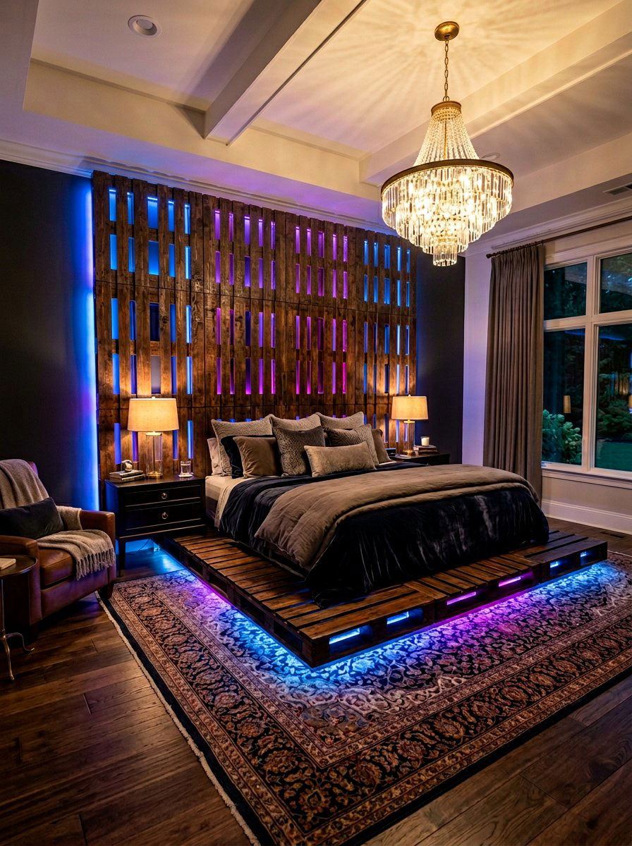 King pallet bed - 25 Pallet bed ideas with LED lights