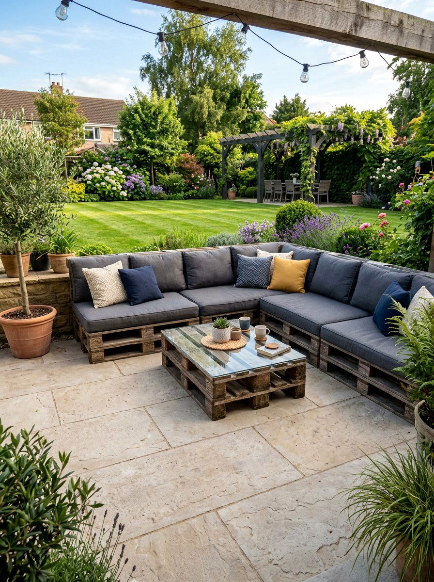 L Shaped Pallet Seating Area - 25 Pallet Daybed for Patio Ideas