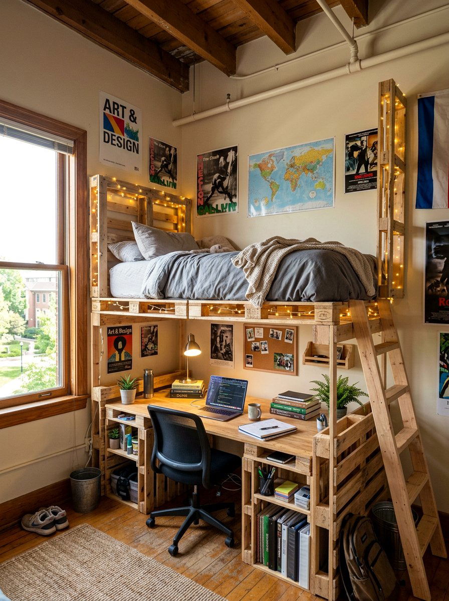 LOFTED PALLET BED WITH DESK - 25 Pallet bed ideas for college dorm