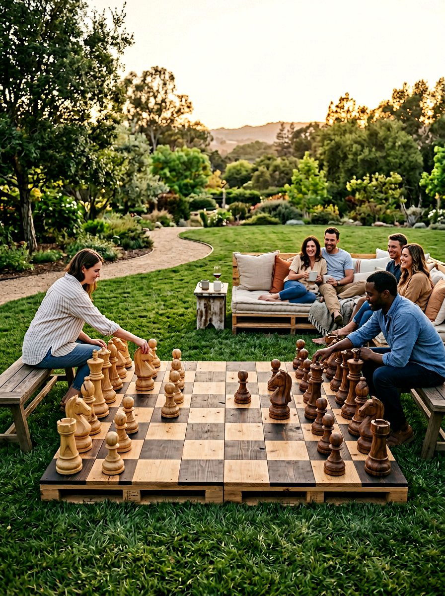 Large Format Outdoor Pallet Chess Board - 25 Pallet Outdoor Chess Table Ideas