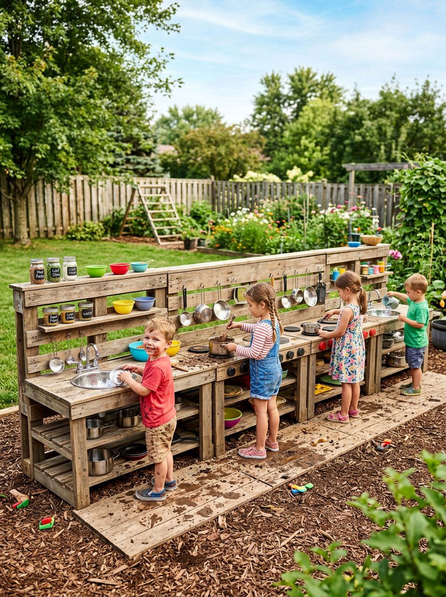 Large Multi Child Play Kitchen - 25 Pallet Outdoor Play Kitchen Ideas