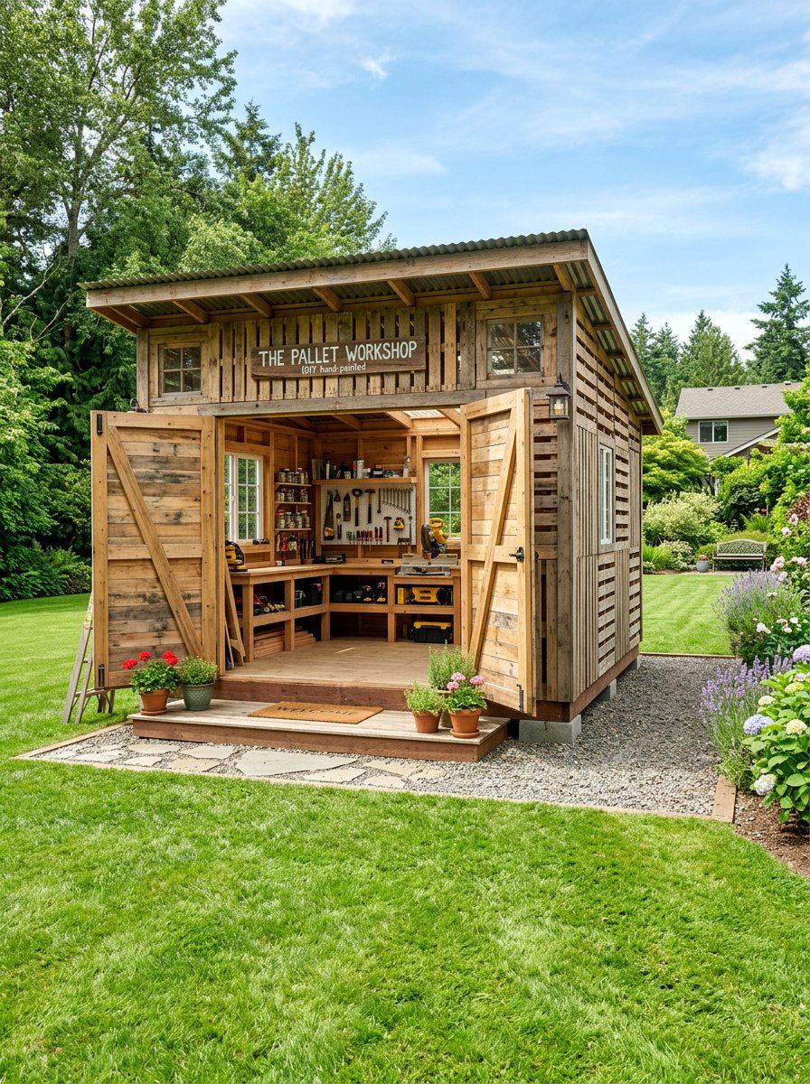 Large Pallet Backyard Workshop - 25 Pallet Tool Shed Ideas