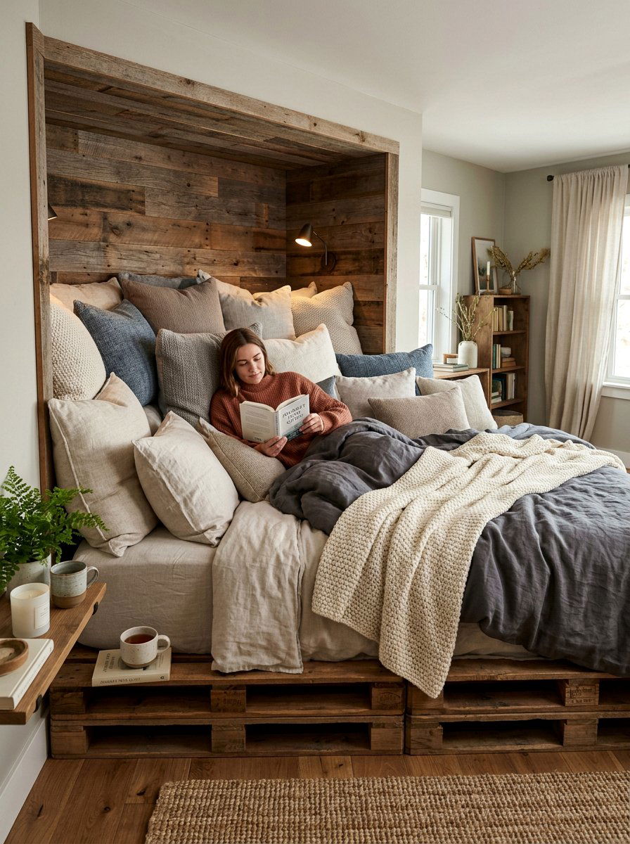 Large Pillows Pallet Nook Bed - 25 Pallet reading nook bed ideas