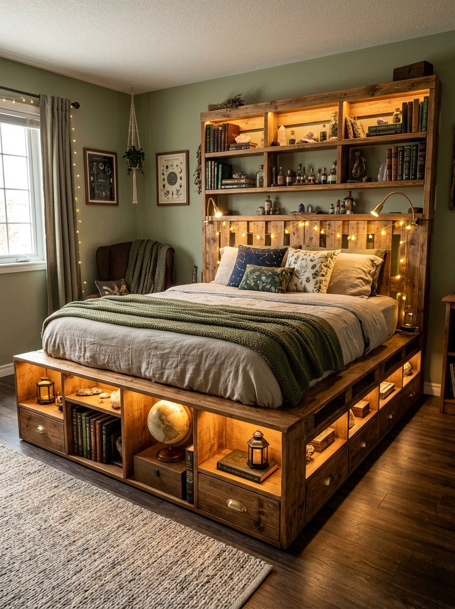 Lighting and storage pallet bed - 25 Pallet bed ideas with built-in storage