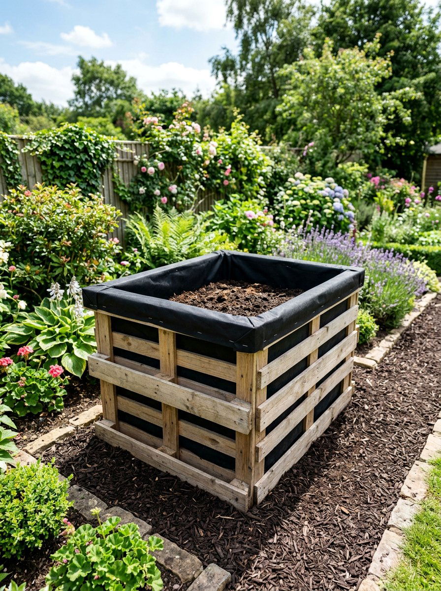 Lined with landscape fabric pallet bin - 25 Pallet Compost Bin Ideas
