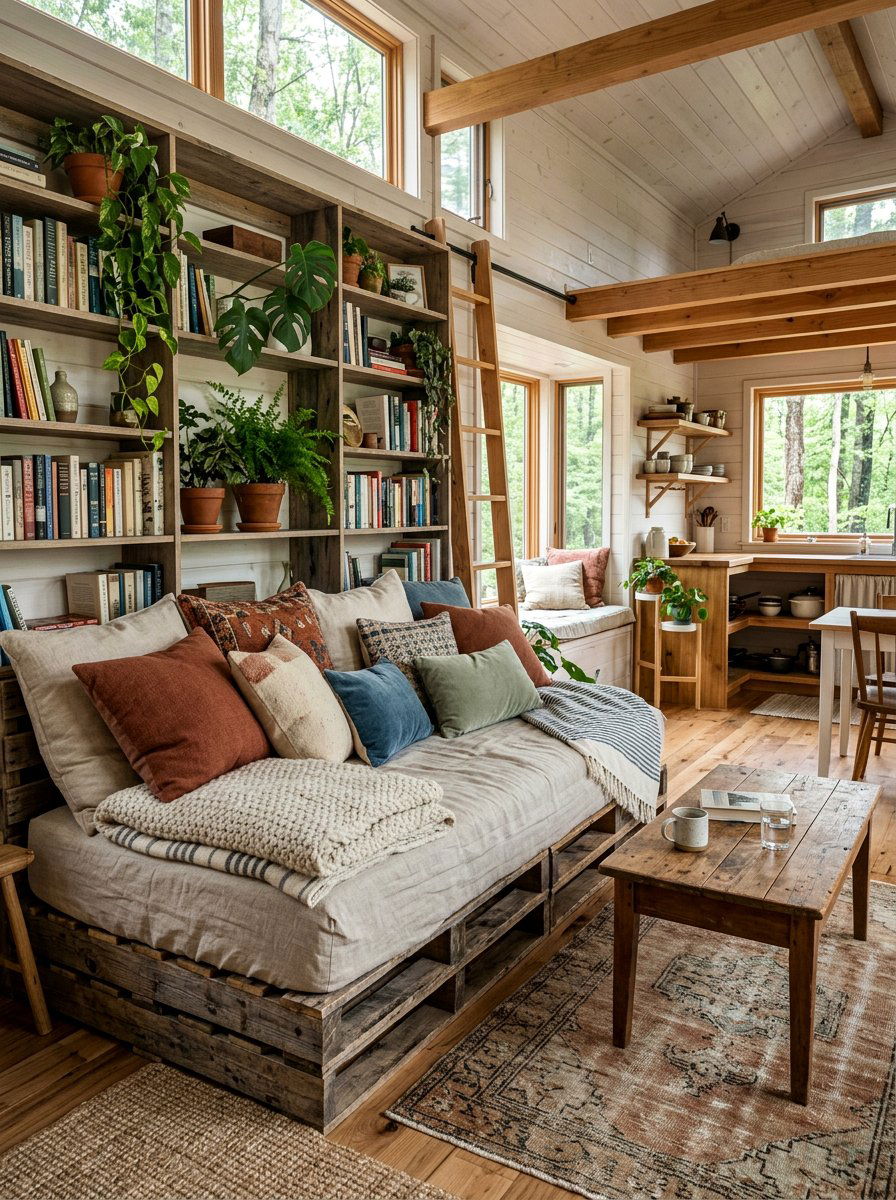 Living Area Pallet Bed - 25 Pallet bed ideas for tiny house