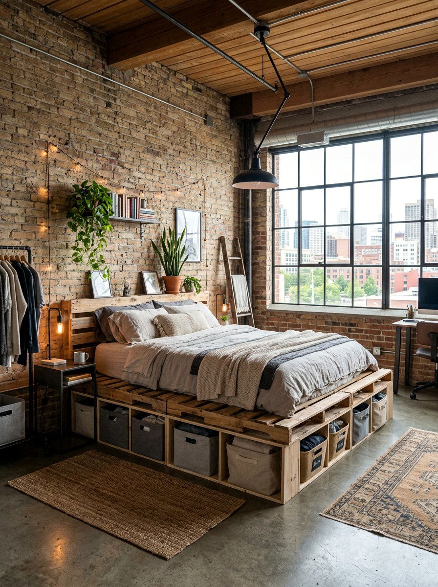 Loft Apartment Pallet Bed Bins - 25 Pallet bed ideas with storage underneath