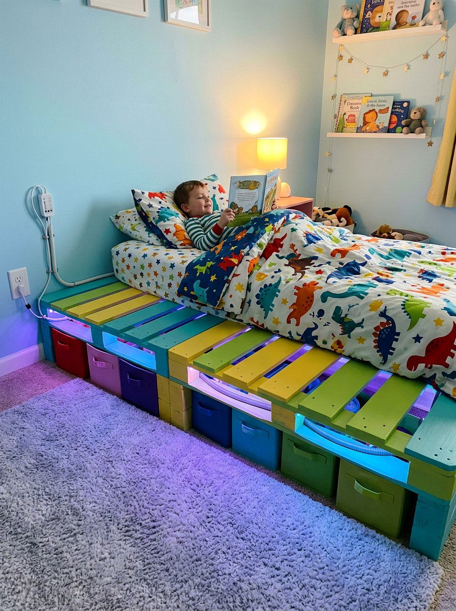 Loft Pallet Bed - 25 Pallet bed frame with LED strip ideas