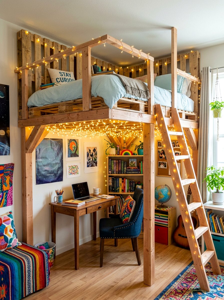 Loft Pallet Bed String Lights - 25 Pallet bed ideas with string lights