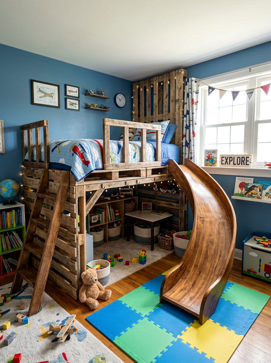 Loft With Integrated Slide - 25 Pallet bed ideas for kids room