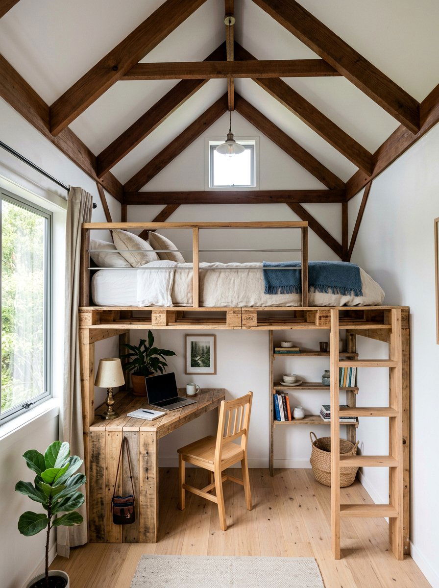 Loft pallet bed - 25 Pallet bed ideas for small bedroom
