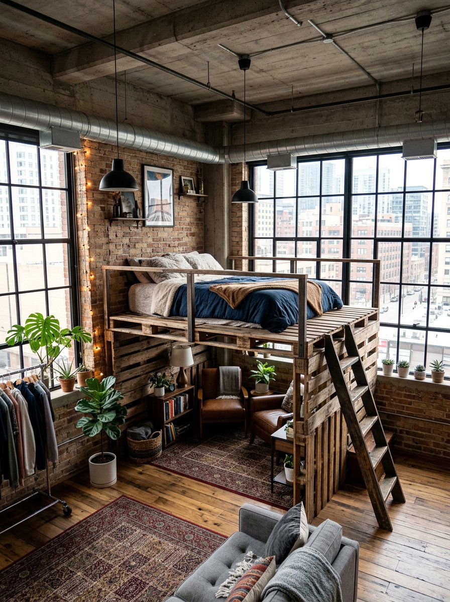 Loft style pallet bed room - 25 Queen size pallet bed ideas