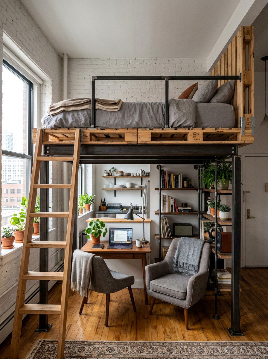 Lofted Pallet Bed - 25 Minimalist pallet bed ideas