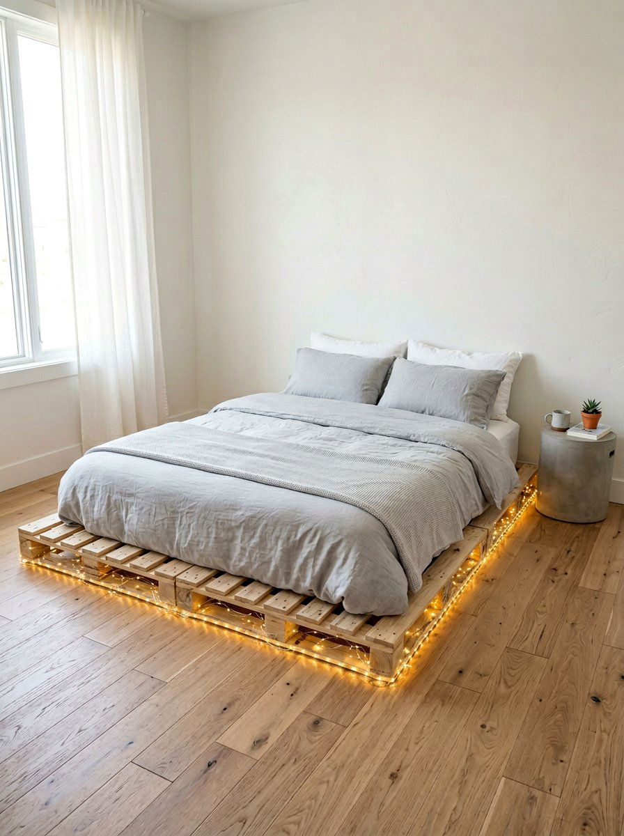 Low Profile Pallet Bed String Lights - 25 Pallet bed ideas with string lights