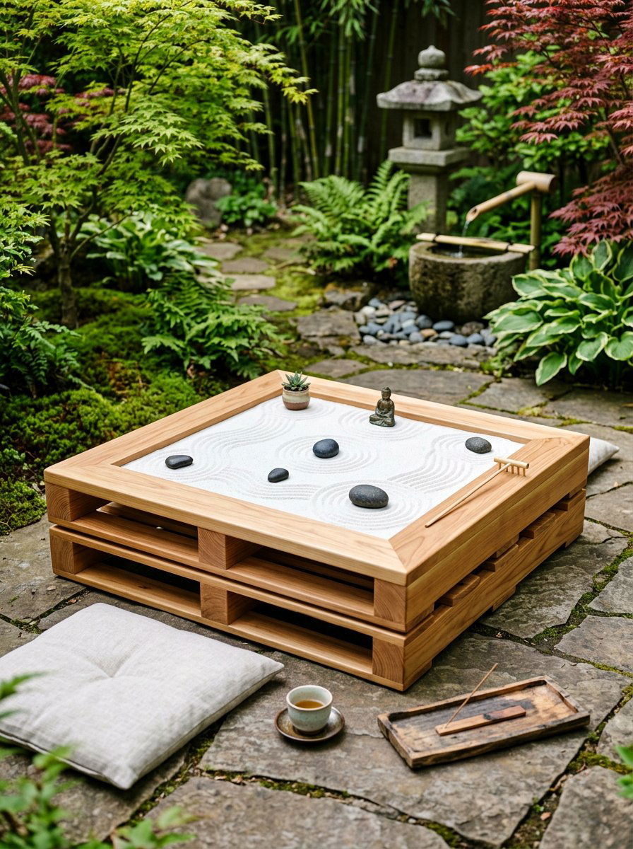 Low Profile Zen Garden Pallet Table - 25 Pallet Outdoor Chess Table Ideas
