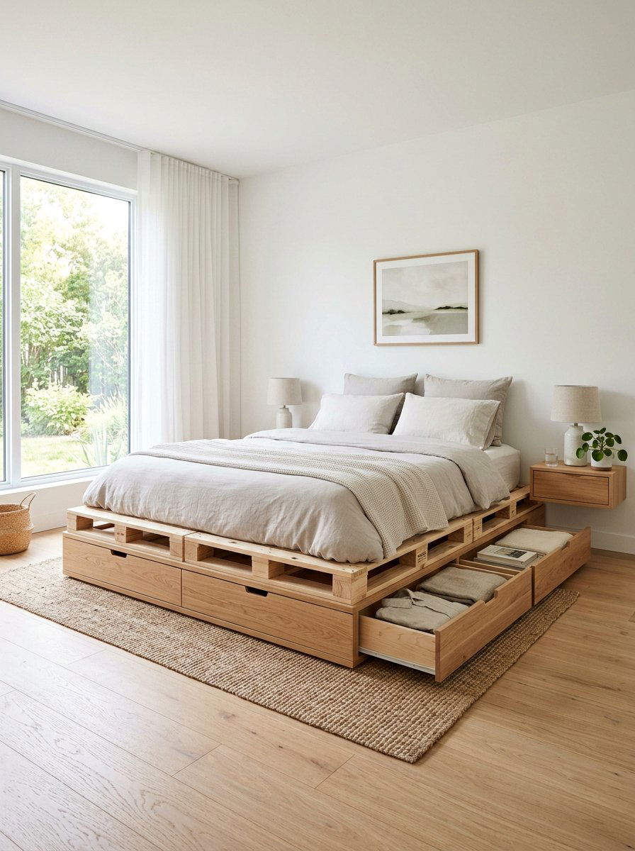 Low profile pallet bed storage - 25 Pallet bed ideas with built-in storage