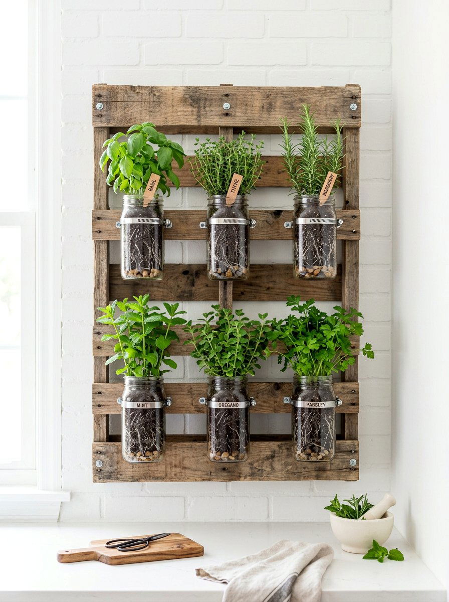 Mason jar pallet herb garden - 25 Pallet Vertical Herb Garden Ideas