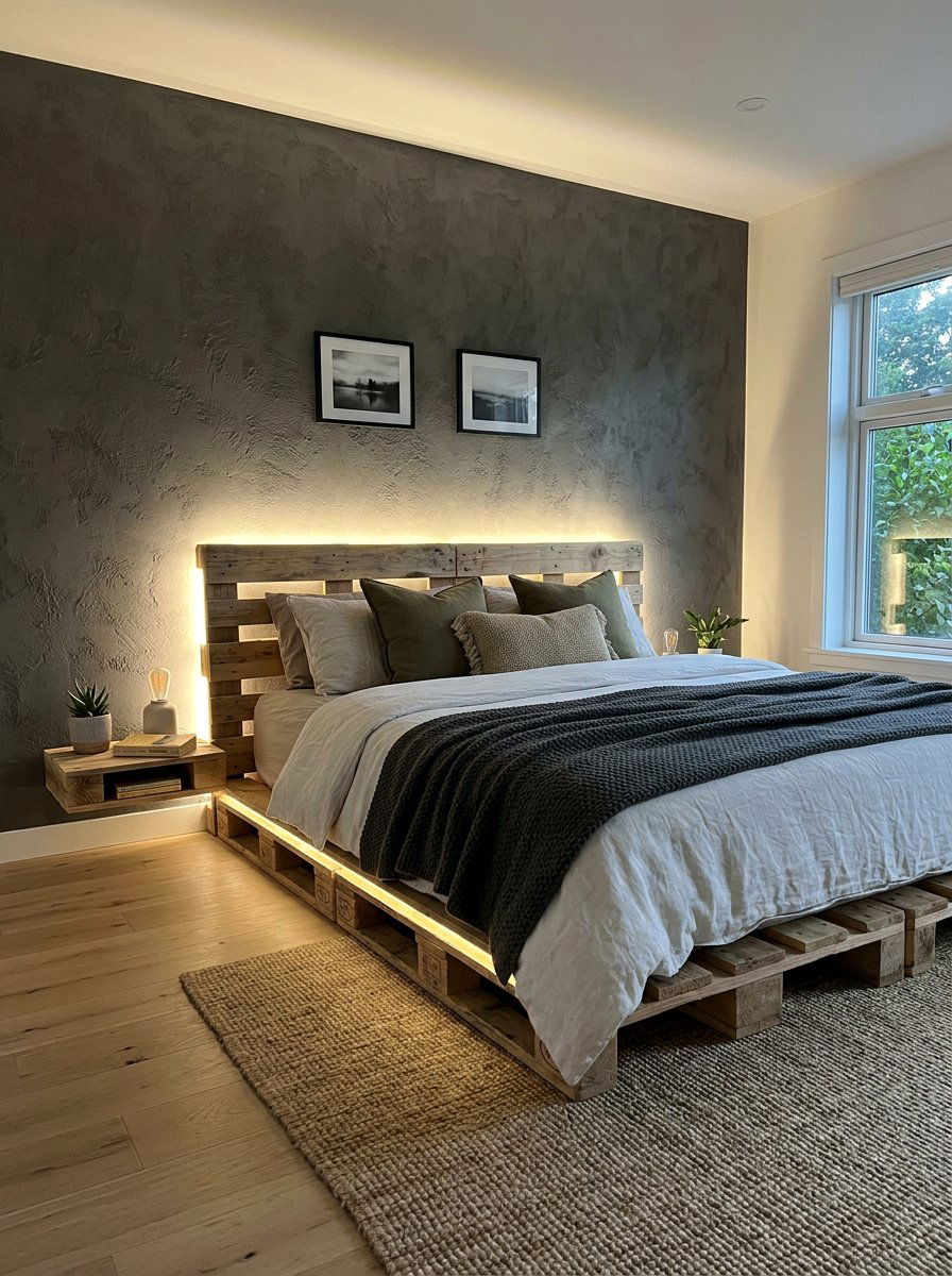 Minimalist Black Pallet Bed - 25 Pallet bed frame with LED strip ideas