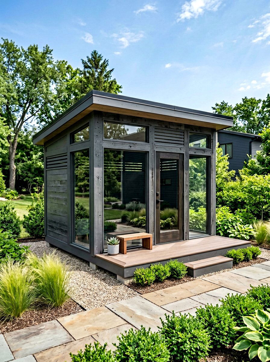 Modern pallet playhouse with glass windows - 25 Pallet Playhouse for Kids Ideas