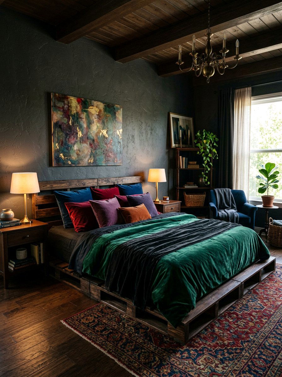 Moody Dark Bedroom - 25 King size pallet bed ideas