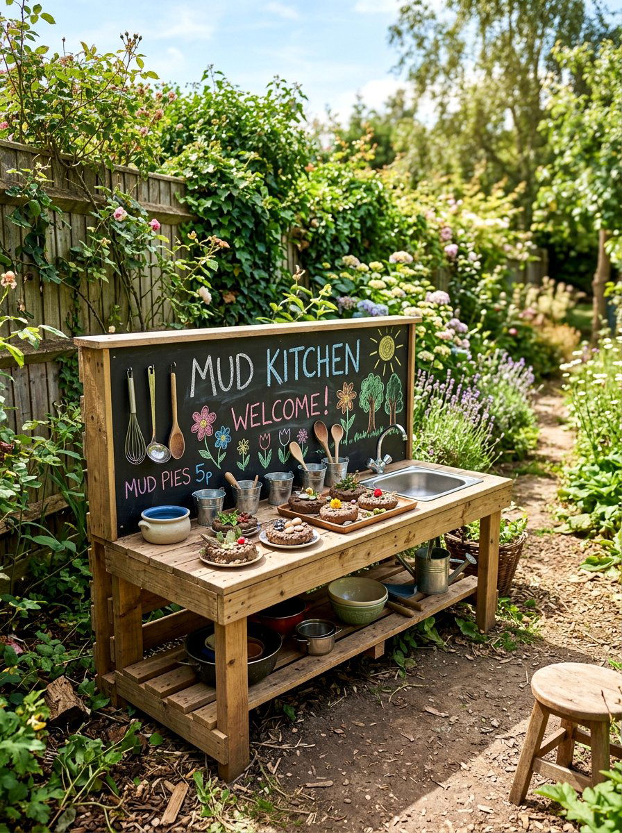 Mud Kitchen With Chalkboard - 25 Pallet Mud Kitchen for Kids Ideas