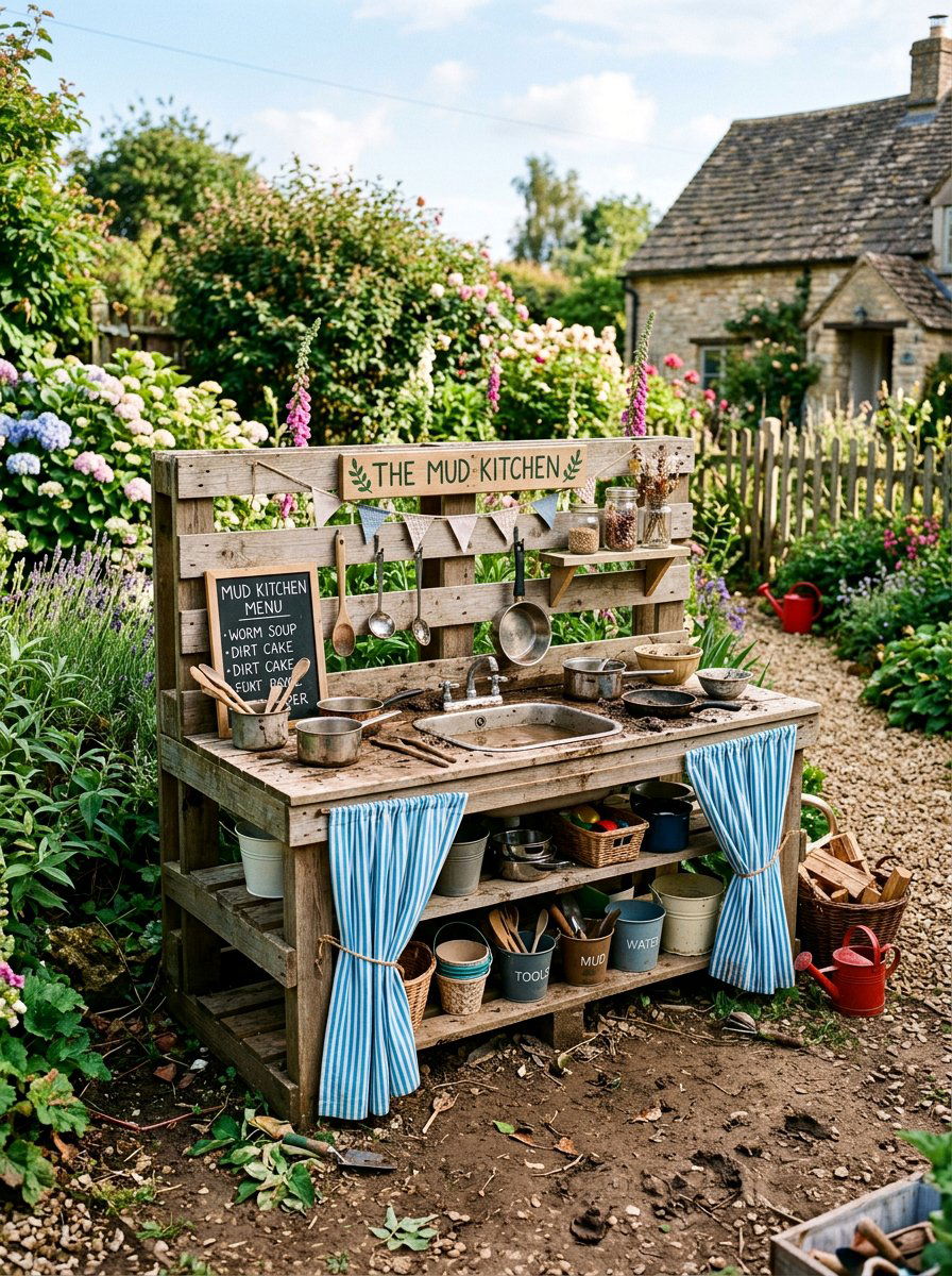 Mud Kitchen With Curtains - 25 Pallet Mud Kitchen for Kids Ideas