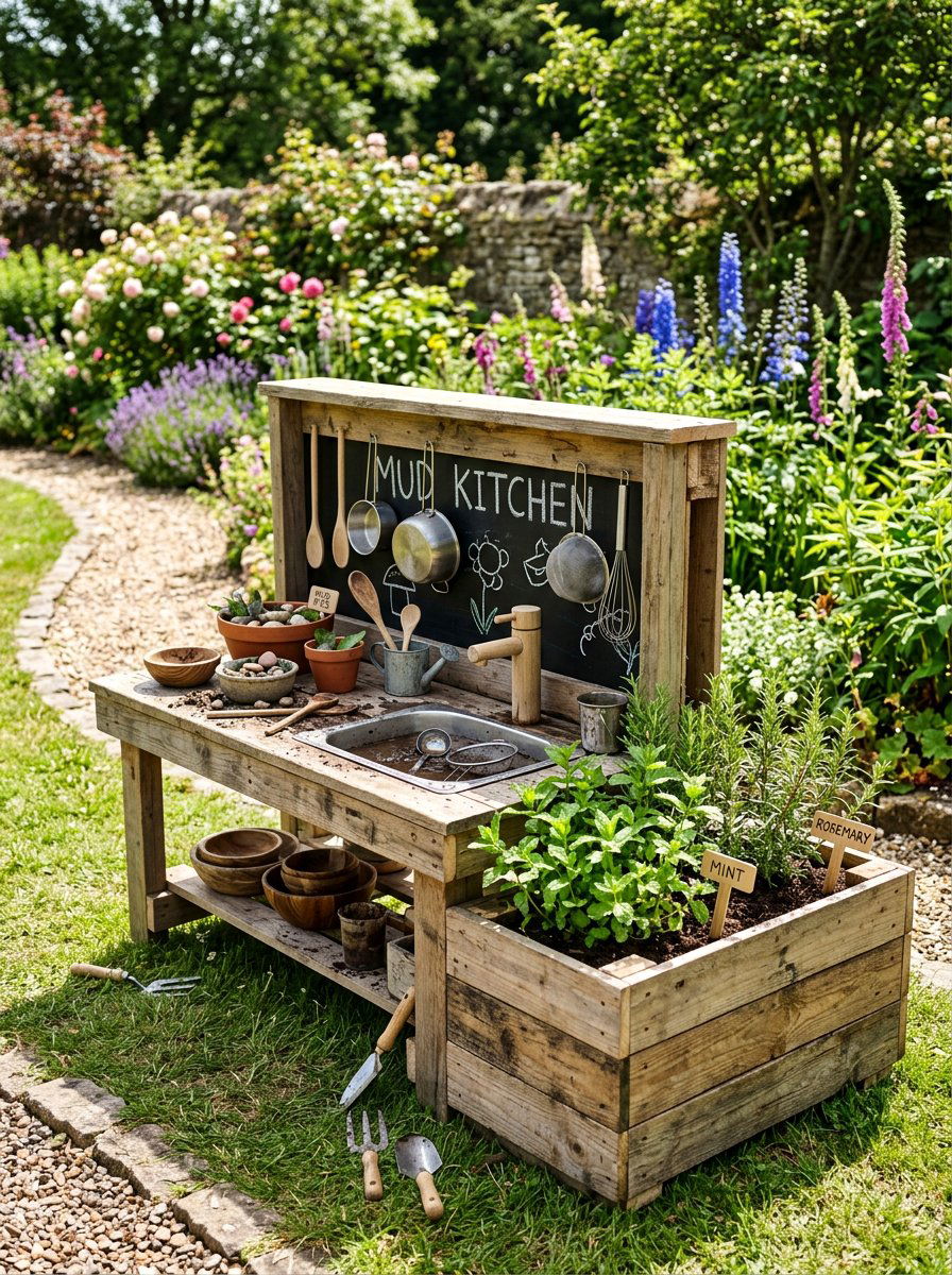 Mud Kitchen With Herb Planter - 25 Pallet Mud Kitchen for Kids Ideas