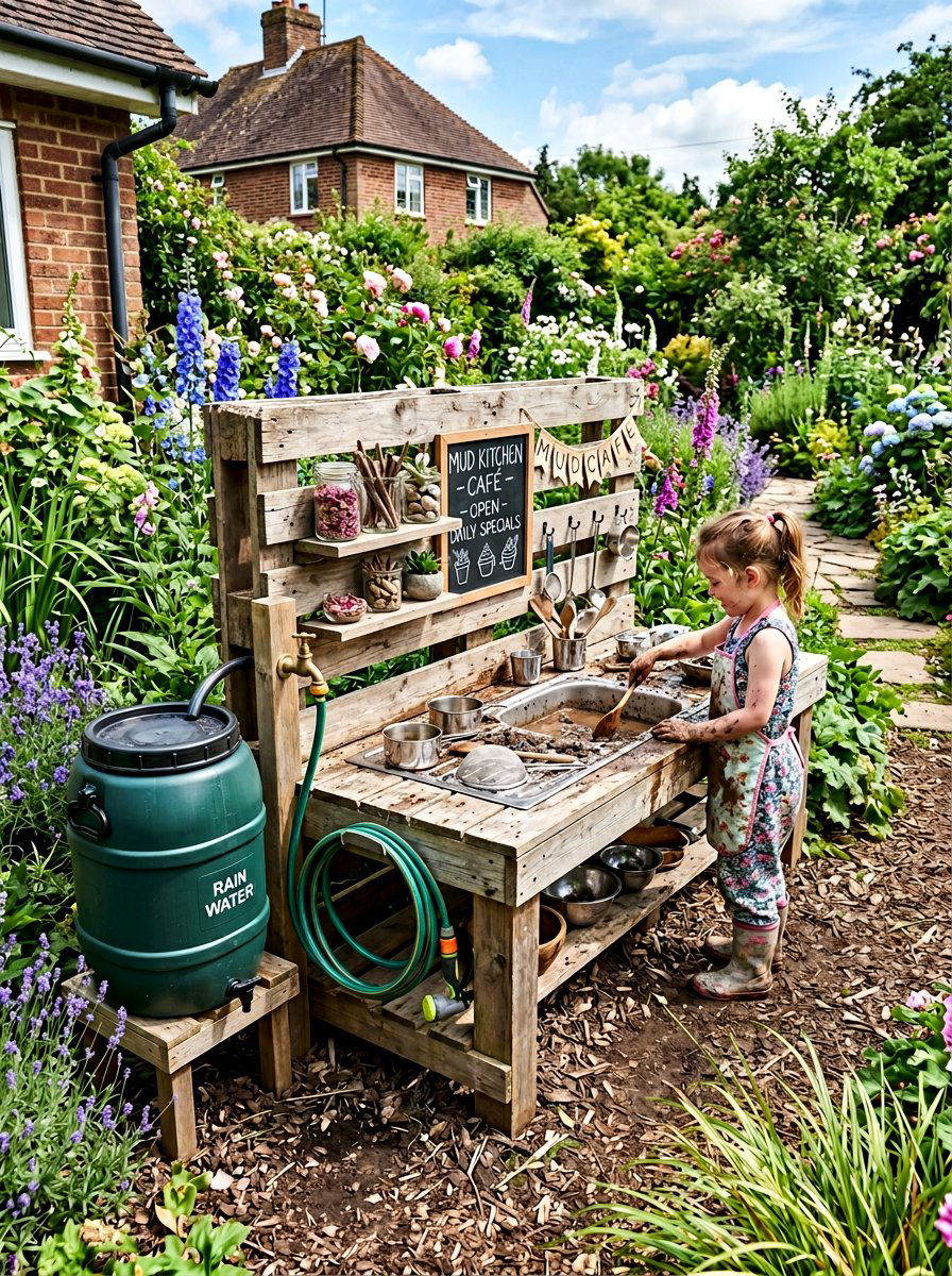 Mud Kitchen With Rain Barrel - 25 Pallet Mud Kitchen for Kids Ideas