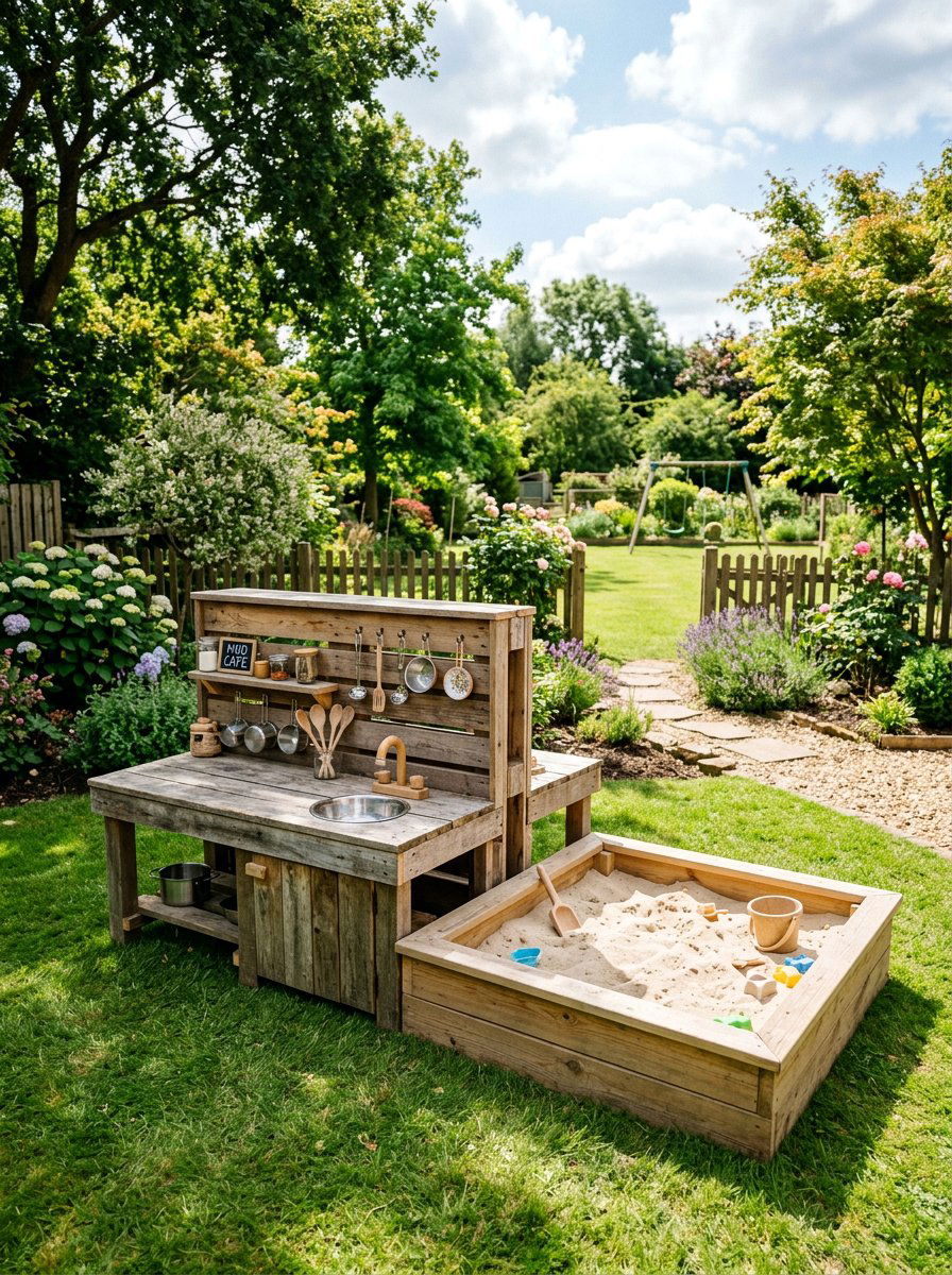 Mud Kitchen With Sandbox - 25 Pallet Mud Kitchen for Kids Ideas